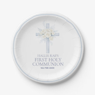 First Holy Communion Blue Floral Cross Paper Plates