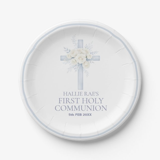 First Holy Communion Blue Floral Cross Paper Plates (Front)