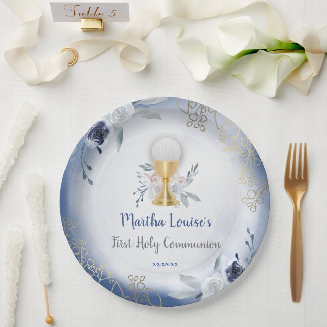First Holy Communion blue flowers Paper Plates (Wedding)