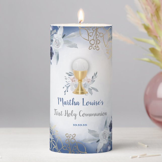 First Holy Communion blue flowers Pillar Candle (In Situ)