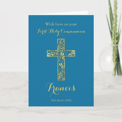 First Holy Communion blue gold cross boys name   Card