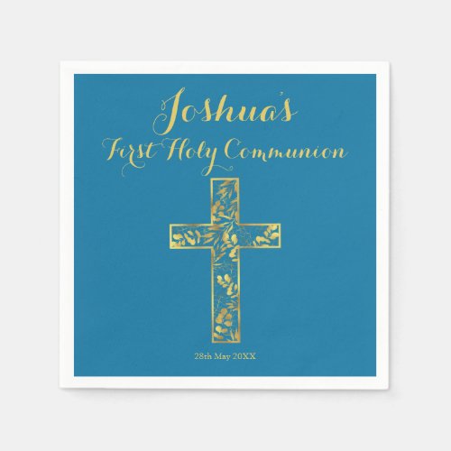 First Holy Communion Blue gold cross name boy   Na Napkins