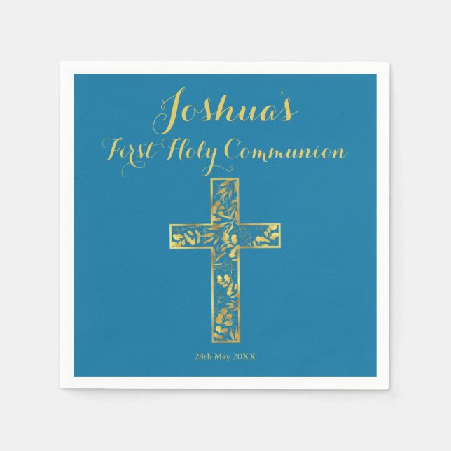 First Holy Communion Blue gold cross name boy   Na Napkins (Front)
