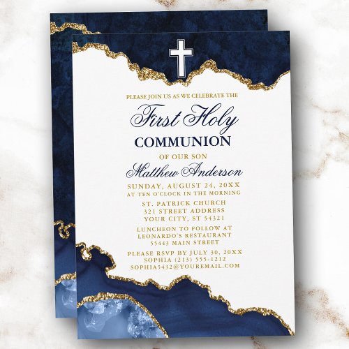 First Holy Communion Blue Gold Marble Geode Invitation