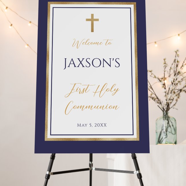 First Holy Communion Blue gold white welcome sign (In Situ (Stand))