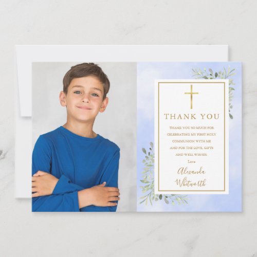 First Holy Communion Blue Greenery Photo Thank You Card