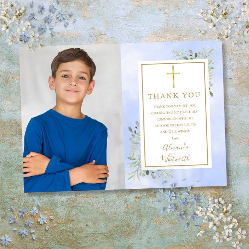 First Holy Communion Blue Greenery Photo Thank You Card