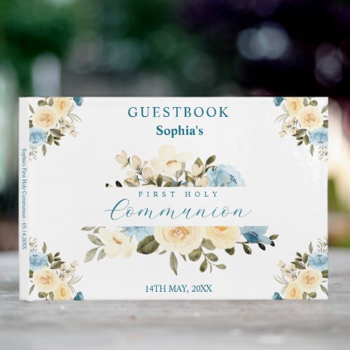 First Holy Communion Blue Ivory Flowers Greenery Guest Book