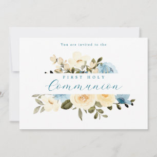 First Holy Communion Blue Ivory Flowers Greenery Invitation