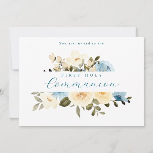 First Holy Communion Blue Ivory Flowers Greenery Invitation