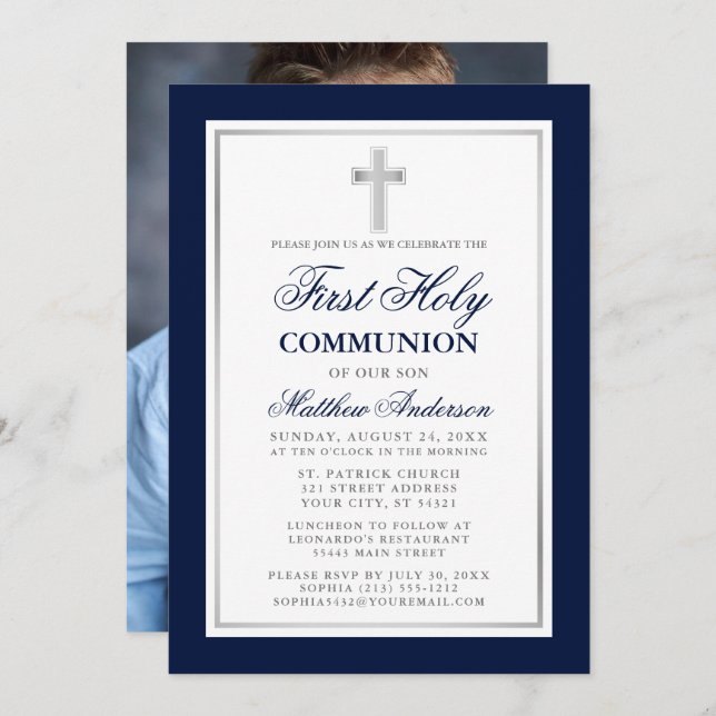 First Holy Communion Blue Silver Photo Invitation (Front/Back)