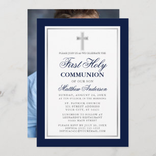 First Holy Communion Blue Silver Photo Invitation