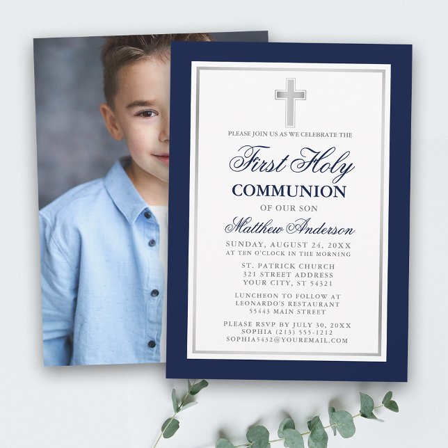 First Holy Communion Blue Silver Photo Invitation (Customize to change text size or text style.)