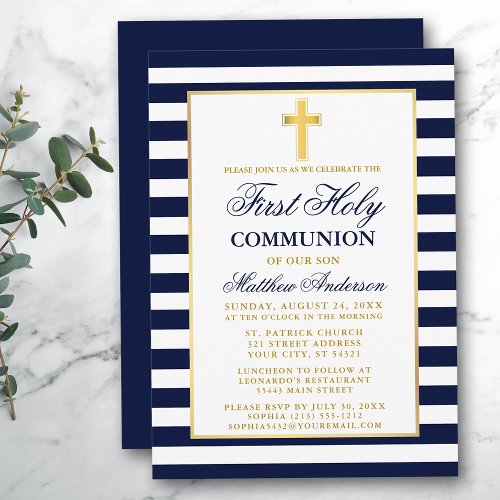 First Holy Communion Blue Striped Gold Invitation