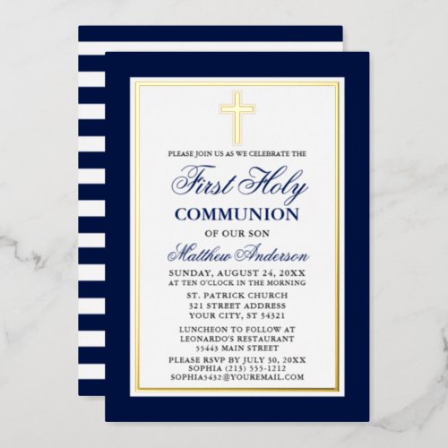 First Holy Communion Blue Stripes Cross Gold Foil Invitation