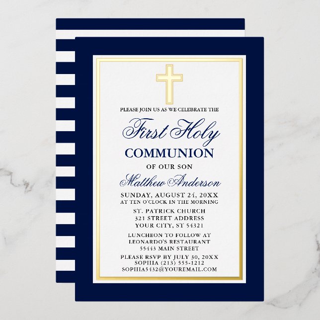 First Holy Communion Blue Stripes Cross Gold Foil Invitation (Front/Back)