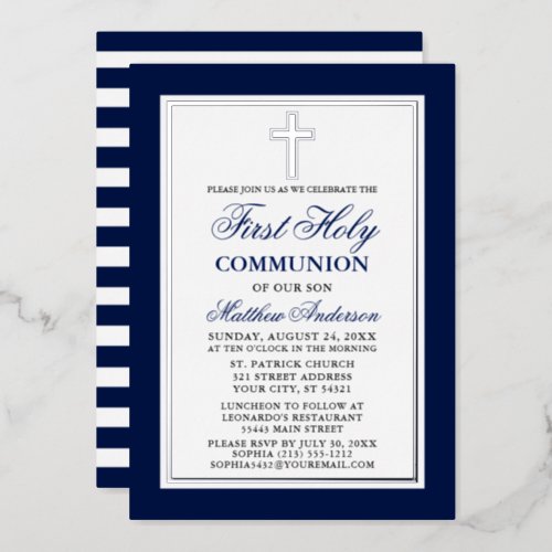 First Holy Communion Blue Stripes Cross Silver Foil Invitation