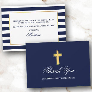 First Holy Communion Blue Stripes Gold  Thank You Card