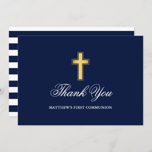 First Holy Communion Blue Stripes Gold  Thank You Card