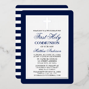 First Holy Communion Blue Stripes Silver Frame Foil Invitation