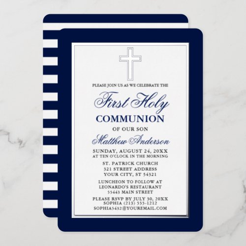 First Holy Communion Blue Stripes Silver Frame Foil Invitation