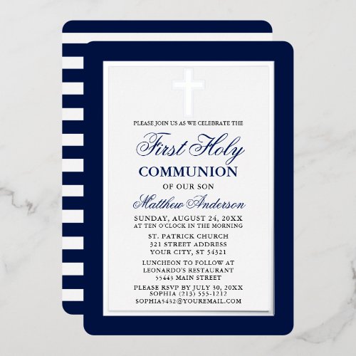 First Holy Communion Blue Stripes Silver Frame