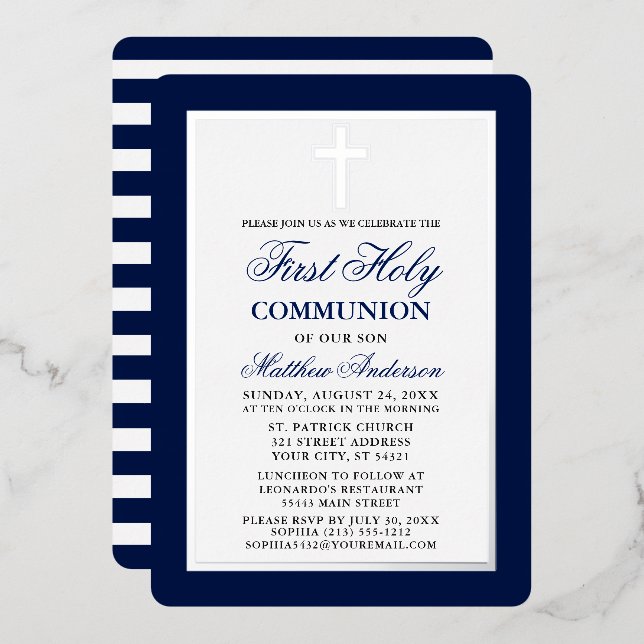First Holy Communion Blue Stripes Silver Frame Foil Invitation (Front/Back)