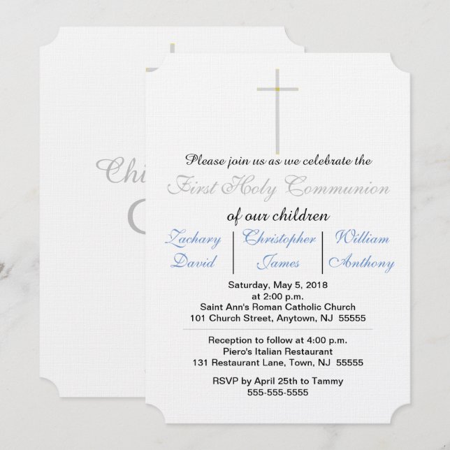 First Holy Communion Blue Triplets Invitations (Front/Back)