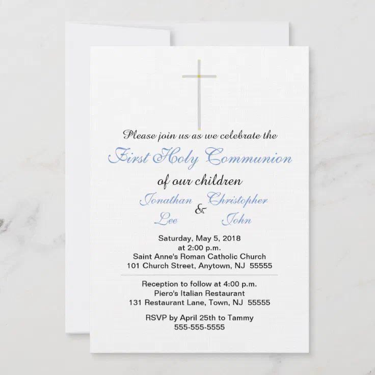 First Holy Communion Blue Twins Invitations | Zazzle