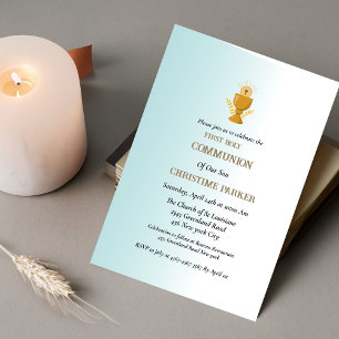 First holy communion blue watercolor splash  invitation