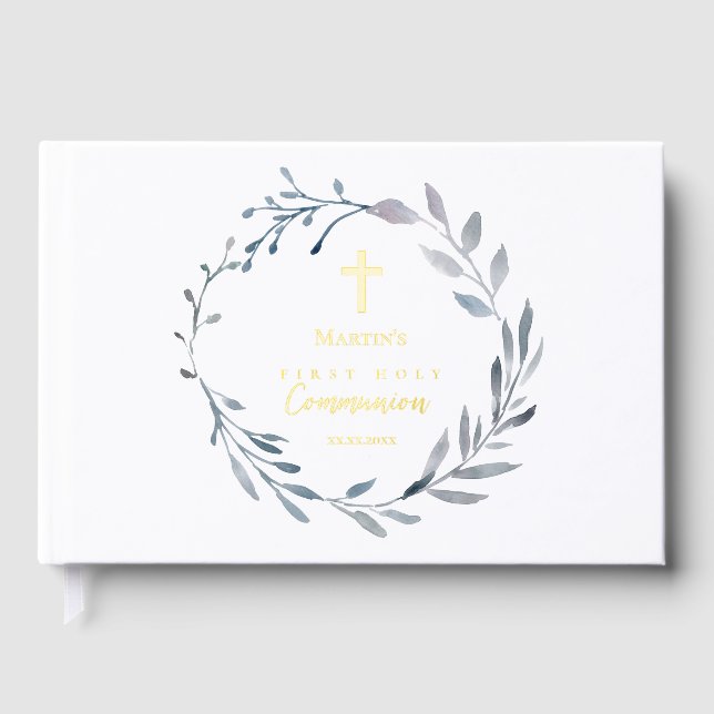 First Holy Communion blue wreath Foil Guest Book (Front)