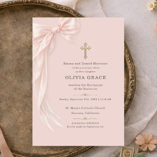 First Holy Communion Blush Pink Bow Girl Invitation
