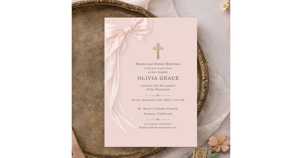 First Holy Communion Blush Pink Bow Girl Invitation | Zazzle