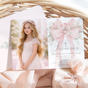 First Holy Communion Blush Pink Bow Photo Invitation