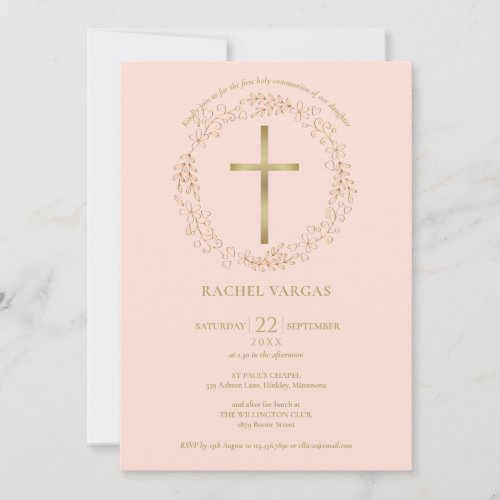 First Holy Communion Blush Pink Gold Cross Floral Invitation