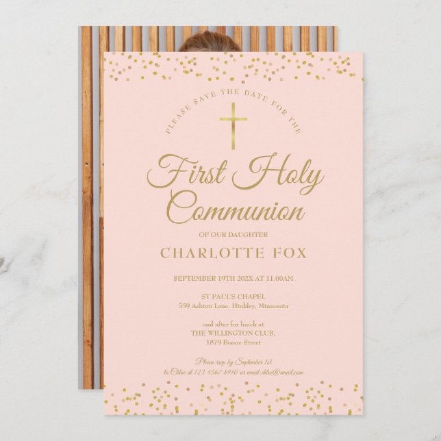 First Holy Communion Blush Pink Gold Dust Photo Save The Date (Front/Back)