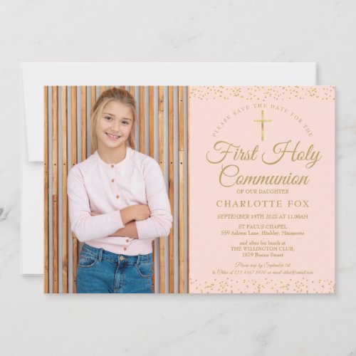 First Holy Communion Blush Pink Gold Dust Photo Save The Date