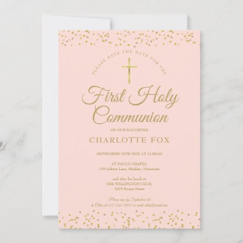 First Holy Communion Blush Pink Gold Dust Save The Date