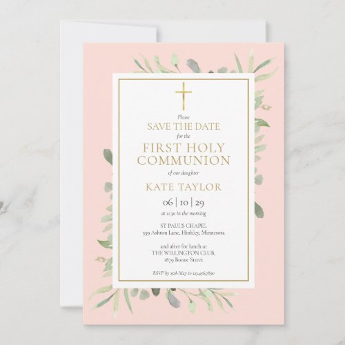 First Holy Communion Blush Pink Greenery Save The Date