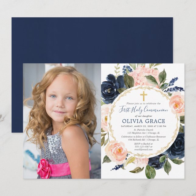 First Holy Communion blush pink navy blue photo Invitation (Front/Back)