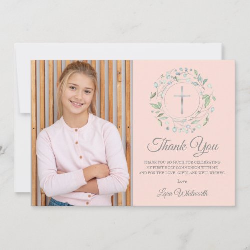 First Holy Communion Blush Pink Photo Silver Thank You Card