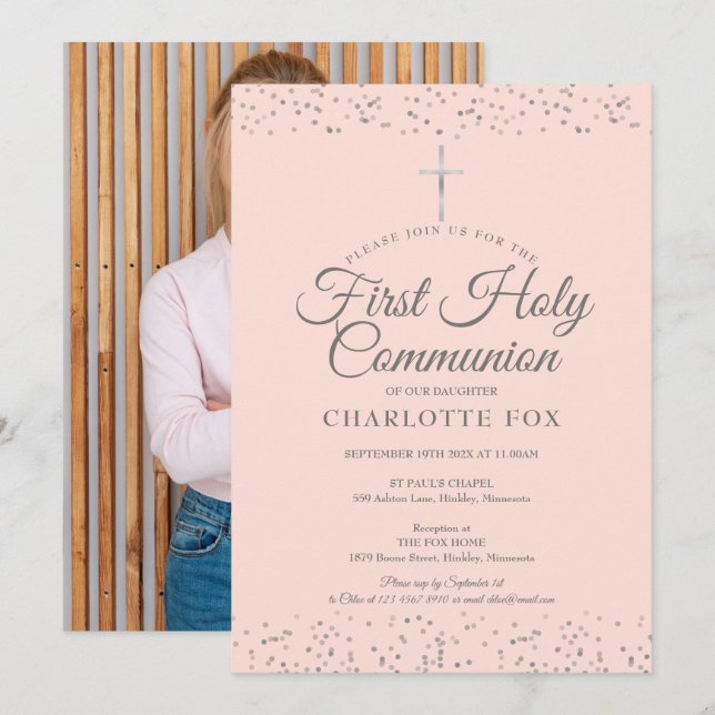 First Holy Communion Blush Pink Silver Photo Invitation (Front/Back)