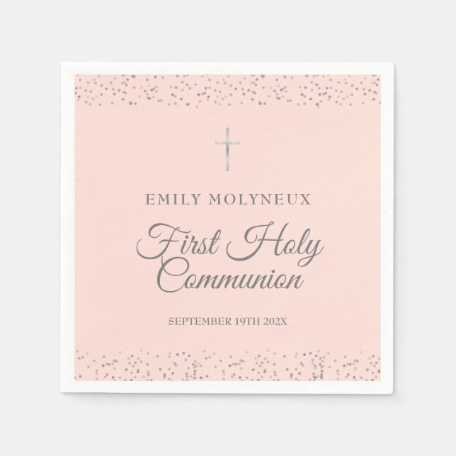 First Holy Communion Blush Pink Silver Stardust Napkins (Front)