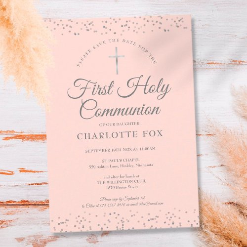 First Holy Communion Blush Pink Silver Stardust Save The Date