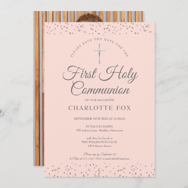 First Holy Communion Blush Pink Stardust Photo Save The Date (Front/Back)