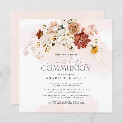 First Holy Communion Blush Pink Watercolor Floral Invitation