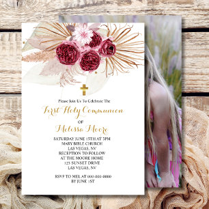 First Holy Communion Boho Burgundy Pampas Grass Invitation
