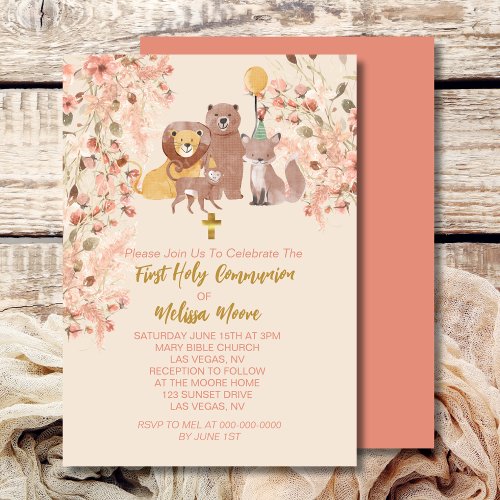 First Holy Communion Boho Safari Blush Pink Pampas Invitation