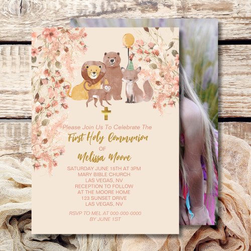 First Holy Communion Boho Safari Blush Pink Photo Invitation