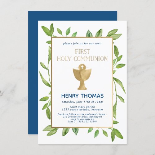 First Holy Communion Botanical Greenery Watercolor Invitation